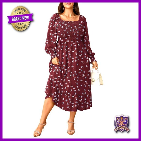 Dresses & Skirts - Plus Size Maxi Dress Long Sleeve Square Neck Smocked Ruffle Swing Flowy